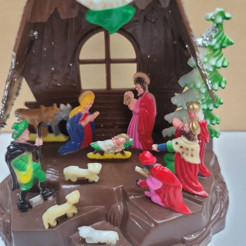 Vtg Plastic Diorama Nativity Scene A-Frame Stable Glitter Christmas Decor China